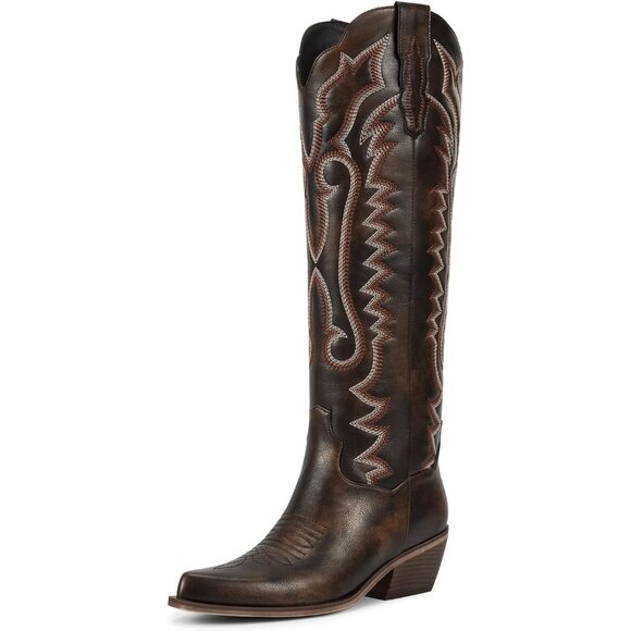 Women's Knee High Floral Embroidered Pointed Toe Chunky Heel Classic Cowboy Boot - Picture 1 of 6